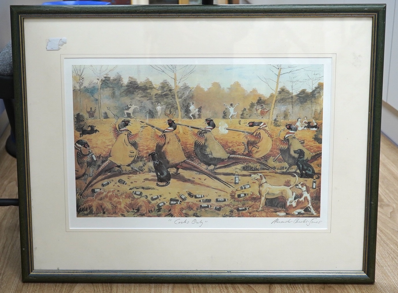 Alexander Charles-Jones (b. 1959), colour print, Shooting scene, 'Cocks only', signed in pencil, 32 x 48cm. Condition - good